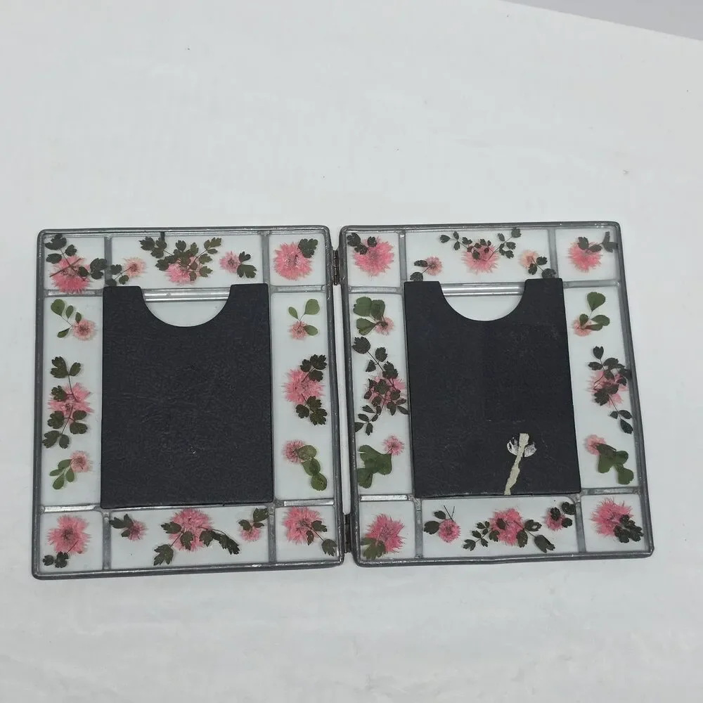 Pressed Flowers Metal Stained Glass Foldable Double Picture Frame By Malden